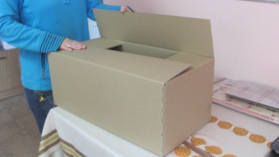 Karton klapowy, klejony bądź szyty, wykonany z tektury trójwarstwowej szarej